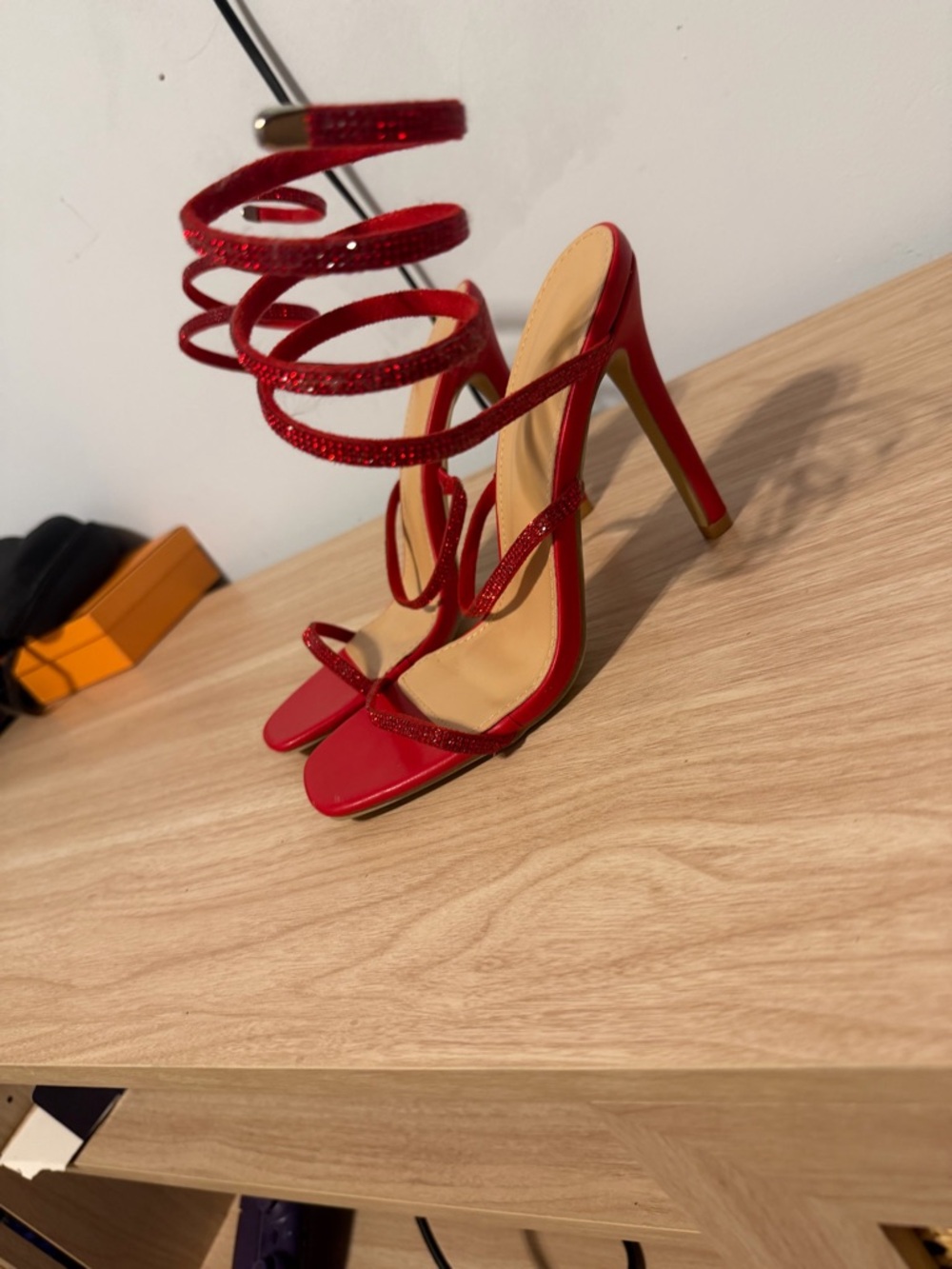 Red Spiral Strap High Heel Sandals